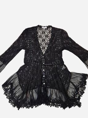Adore Black Sheer Lace Button-Front Whimsy Blouse with Velvet Tie Bow Fairy Goth